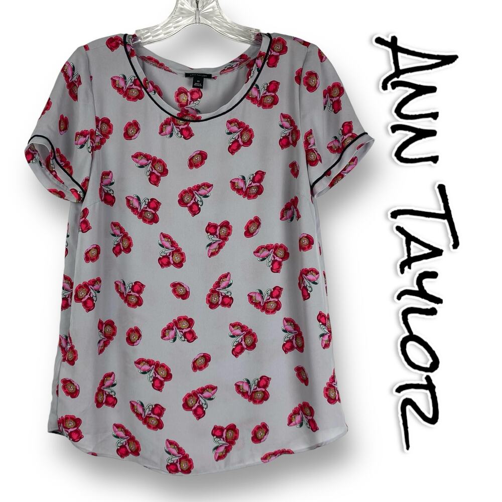Ann Taylor Gray Floral Blouse Lightweight Short Sleeve Women’s Size XS